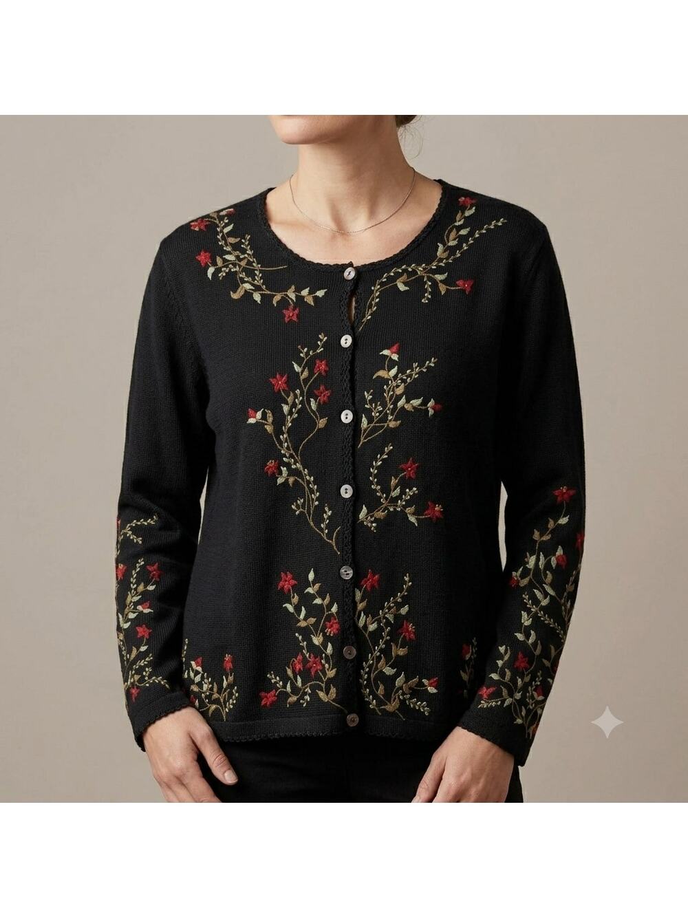 Peruvian Connection Black Floral Embroidered Cardigan Sweater Women's Size Large